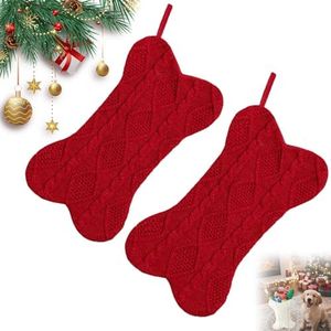 NEKSKA Dog Stockings Christmas, Pet Stockings Christmas, Christmas Stocking for Dogs — Bone-Shaped Knit Dog Stocking for Fireplace, Mantel & Holiday Décor (2PC-Red)