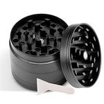 Kichix Herb Grinder Zinc Alloy - 4 Layer Easy to Grip Metal Grinder for Smooth Grinding with Scraper, Magnetic Lid, Pollen Catcher and Mesh Filter - 2x1.5inch Black