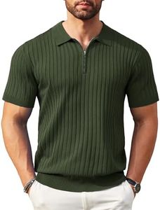 COOFANDY Men's Zipper Polo Shirts Short Sleeve Ribbed Knit Polo T Shirts Fashion Casual Golf Shirts, Army Green, X-Large