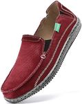 VILOCY Mens Slip on Deck Shoes Zero Drop Casual Canvas Loafer Vintage Flat Boat Shoes, Wine Red, 11