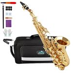 EASTROCK Soprano Saxophone Curved Bb Flat Gold Sax Instruments for Beginners Students Intermediate Players with Carrying Case,Mouthpiece,Pads,Reed,Cleaning kit,neck Strap,White Gloves