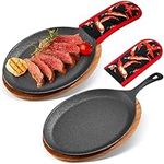Lallisa 2 Sets Cast Iron Fajita Plate Set Fajita Plate Sizzler Pan with Wooden Tray Anti Scald Protection Hot Mitt Cast Iron Skillet Set for Home Barbeque Kitchen Party Restaurant Catering Service