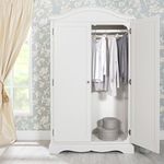 Romance Antique white full hanging wardrobe. French wardrobe with curved top and crystal handles. Quality wardrobe