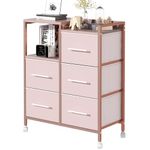 Adoture Chest of Drawers with Shelf, Storage Dresser for Bedroom with 5 Fabric Drawers, Pink Bedside Table with 4 Castors, Organizer Unit for Living Room, Closet, Kids Room, Wood Top and Metal Frame