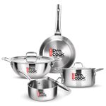 Milton Pro Cook Triply Stainless Steel 7 Pcs Cookware Set, Kadai with Lid (20cm/2.1L), Casserole with Lid (20cm/3L), Fry Pan (20cm/1.1L), Saucepan & Lids (16cm/1.4L), Induction & Gas Compatible
