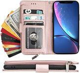 Cavor for iPhone XR Case,PU Leather Zip Pocket Wallet Flip Cover Case Magnetic Closure Book Design with Kickstand Feature & Card Slots Compartment for iPhone XR(6.1")-Pink