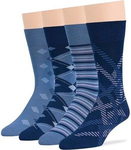 7BigStars Men Dress Socks – 4 Pack Bamboo Patterned Crew, Denim Blue and Light Navy, Geometric and Stripe Style for Office or Daily Wear - Sock Size 10-13 Shoe 9-12 L