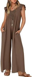 ZESICA Women's Summer Loose Jumpsuit Casual V Neck Sleeveless Oversized Wide Leg Pant Overalls Romper with Pockets,Coffee,Large