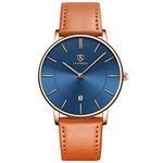 Watch for Mens and women,Minimalist Fashion Simple Wrist Watch Analog Date with Leather Strap (07-OrangeBlueGold)