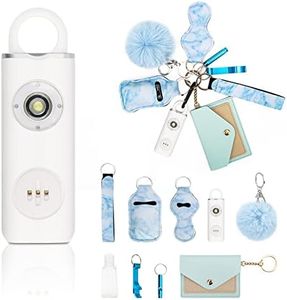 Hoedia Safety Alarm Keychain for Women & Girls, Rechargeable Loud 130DB Self Defence Rope Alarm, 10 Pack Personal with Flashlight, Pom Pom,Bracelet Keychains Kit,for Kids,Blue White