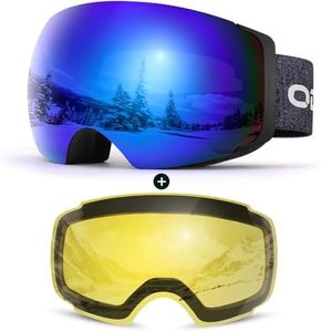 Odoland Magnetic Interchangeable Ski Goggles with 2 Lens, Large Spherical Frameless Snow Snowboard Goggles for Men Women, Black Frame Blue Lens vlt 15%