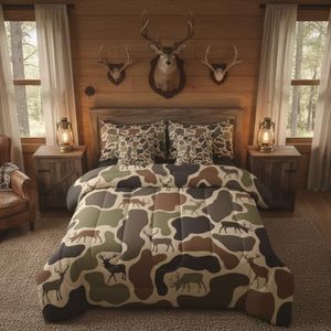 Erosebridal Camo Deer Comforter Set 7 Pcs Camouflage Hunting Deer Bedding Sets for Kids Teens Green Military Army Camo Bed in A Bag Queen Country Hunter Wildlife Sheet Set with Comforter