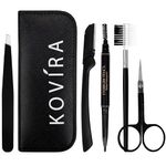 Kovira 5-Piece Eyebrow Grooming Set - Stainless Steel Scissors, Eyebrow Spoolie Brush, Tweezers, Shaper & Pencil with Black Case - for Shaping, Trimming and Eyelash Extension - for Men and Women