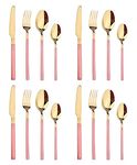 Stainless Steel Cutlery Set of 16 Pieces, 18/8 Stainless Steel Table Knife/Table Fork/Table Spoon/Tea Spoon ,Silver Ware Flatware Set for 4, Mirror Polished，Can Be Placed in The Dishwasher(Pink gold)