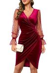 ihot Womens Sexy Bodycon Dress For Wedding Guest Sheer Polka Dots Sleeve Sheath Dress Night Out Deep V Neck Faux Wrap Sheath Ruched Waist Club Party Cocktail Velvet Dress With Tulip Hem,Wine Red,Small