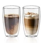 Double Walled Coffee Glasses 450ml, Quable 15oz Clear Glass Coffee Mugs, Set of 2 Insulated Coffee Glass Espresso Cups, Stackable Cappuccino Glassware Cups, Glass Mugs for Hot Drinks