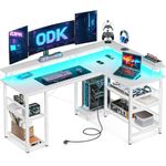 ODK L Shaped Gaming Desk with Power Outlet and LED Lights, PC Gaming Table with USB Ports, Reversible L Shape Desk with Storage Shelves & Monitor Stand, Home Office Desk (White, 150×102cm)