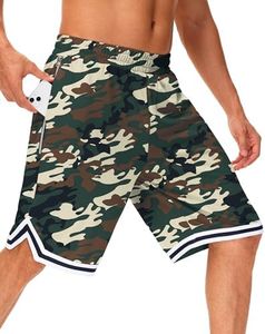 JWM Men's 11" Long Basketball Shorts - Below Knee Mesh Athletic Gym Workout Sport with Zip Pockets Quick Dry Lightweight Green Camo