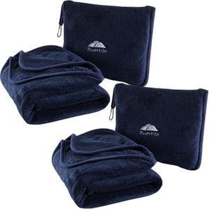 BlueHills Premium Soft 2-Pack Travel Blanket Pillows Airplane Large Plane Flight Throw Travel Blankets for Two in a Bag Compact Traveling Essentials Warm Travel Gifts Long Navy Blue T011
