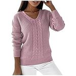 Sweaters for Women Long Sleeve V Neck Solid Color Fashion Pullover Cable Knit Soft Jumpers Winter Basic Sweatshirts Pink