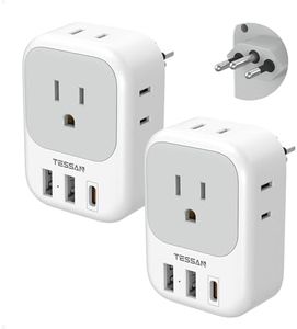 TESSAN Brazil Plug Adapter 2 Packs, 7 in 1 US to Brazil Power Adapter with 3 USB Ports (1 USB-C Port) 4 American Outlets, Type N Adaptor for USA to Brazilian