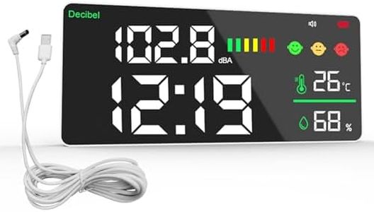 Sonomètre de Numérique Monté au Mur 30~130dB 11 "LED Sonomètre Décibel/Température/Humidité avec Indicateur, Sonomètre Rechargeable et Câble USB, Mesure de Bruit