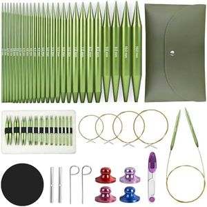 TRILVIX Knitting Needles Set, 13 Pairs Aluminum Interchangeable Circular Knitting Needles Set 4 Inch with 4 Cables, Accessories and Storage Bag for Multiple Knitting Projects Green