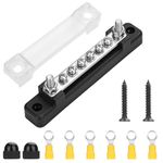 Linkstyle 150A Common 12V BusBar Power Terminal Blocks,12V- 48V Single-Row Covered Power Ground Distribution Block,with 2X M6 Studs 6X M4 Screws Terminals, for Car Boat Marine Caravan RV, Black