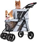 ibiyaya 4 Wheel Double Pet Stroller for Dogs and Cats, Great for Twin or Multiple pet Travel (Silver Grey)