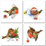 Charity Christmas Cards Pack of 32. Each Christmas Card multipack has 4 different Fun Robin designs. Ecofriendly and UK made. Verse Inside. Small 100 x 100mm card size.