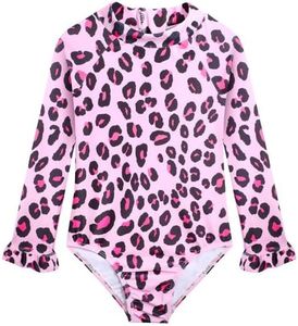 Alakuoti Long Sleeve One Piece Ruffle Swimsuit for Toddler Girls Baby Girl Rashguard Shirt with UPF 50+ Sun Protection (as1, Age, 0_Month, 12_Months, Pink Leopard)