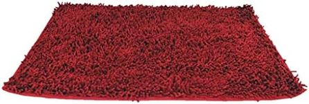 DaDa Bedding Shaggy Cotton Chenille Noodle Bath Mat - Solid Minimal Color Contemporary Soft Area Carpet Rug - Bright Vibrant Cranberry Burgundy Red - 20" x 32"