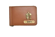 Ahimsa Leather Personalized Vegan Leather Money Clip | Classy Money Clip Wallet | Customized Unisex Wallet with Name and Charm (Tan)