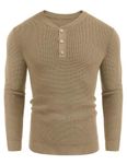 COOFANDY Men's Sweater Round Neck Knitted Henley Shrit Regular Fit Waffle Trendy Pullover Jumpers Classic Long Sleeve Shirts Ribbed Cuffs Khaki S
