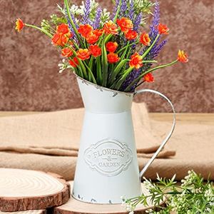 Belle Vous Rustic White Metal Flower Pitcher Vase - D11.3 x H20cm / 4.45 x 7.87 Inches - Galvanized Vintage Shabby Chic Farmhouse Milk Jugs - Decorative Jug for Home/Wedding Decor & Garden Flowers