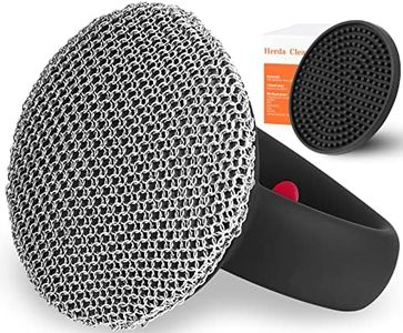 Cast Iron Cleaner Brush with Handle, Soldered Fine Chainmail Scrub Brush+Tray - Small Ring Chain Link Pan Pot Scrub Metal Brush to Clean Iron Skillet Steel Wool Scrubber Stainless Steel Cleaner Sponge