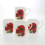 Set 4 Fine Bone China Mugs - Classic Red Poppies Design