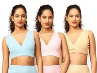 The Mom Store | Cotton Mix Non Padded Wire Free Maternity Bra for Women Feeding | Nursing Bra for Breastfeeding | V Neck Full Coverage Pregnancy Bra | Beige, Blue & Pink | XL | Pack of 3