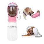 Blikiz Dog Water Bottle, 2 in 1, Leak Proof Portable Pet Water Bottle with Food Container, Outdoor Portable Water Dispenser for Dog, Puppy Supply for Walking, Hiking, Camping, Travel (Pink)