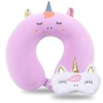 Travel Pillow, Kids Travel Pillow with Sleep Eye Mask, Soft Memory Foam Neck Pillow for Kids Boys & Girls, Teens, Travel Accessories for Airplane - Purple Unicorn Neck Pillow