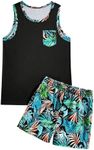 GORGLITTER Men's 2 Pieces Set Floral Print Elastic Waist Shorts Sleeveless Tank Top Outfit Tracksuit Black Tropical and Pocket XX-Large