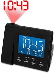 Magnasonic Projection Alarm Clock with AM/FM Radio, Battery Backup, Auto Time Set, Dual Alarm, Nap/Sleep Timer, Indoor Temperature/Date Display with Dimming & 3.5mm Audio Input - Black (EAAC601)