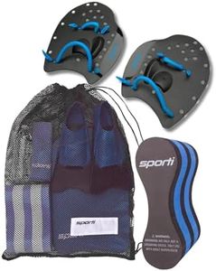 3-Piece Swim Training Gear Set - Ergonomic Power Paddles (Medium) and Pull Buoy and Quick-Dry Mesh Storage Bag - Technique + Strength Builder - Black/Blue/Black