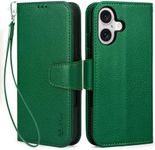 Arae Compatible with iPhone 16 Case Wallet with Card Holder, Wristlet Strap Wallet Flip Cover for iPhone 16 6.1 inch Men/Women, RFID Blocking, Kickstand, Litchi Dark Green