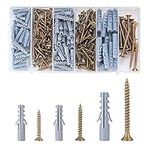 249 Pcs Assorted Chipboard Screws Nails and Wall Plugs Assortment, Fish Type Wall Plug Plasterboard Fixings, Countersunk Chipboard Screws, Wood Screws Anchors with Handy Compartment Box