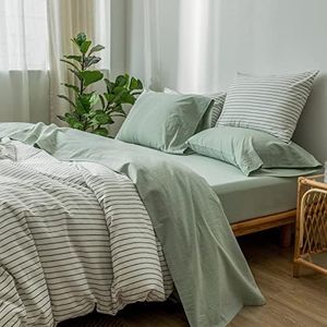 MooMee Bedding Sheet Set 100% Washed Cotton Linen Like Textured Breathable Durable Soft Comfy (Sage Green, King)