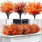 Home Decor Fall Artificial Flowers Plants Orange Outdoor Indoor, 12PCS Autumn Fake Plastic Flowers Grass Stems Arrangement, UV Resistant, No Fade, Faux Greenery Mums for Garden Hanging Planter Wedding
