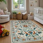 Morebes 5x7 Boho Rugs for Bedroom,Washable Living Room Rug Non Slip, Soft Vintage Birds Floral Area Rug for Classroom Indoor Floor Throw Carpet for Playroom Foyer Rv, Beige/Multi