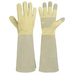 HANDLANDY Pruning Gloves Long for Men & Women, Goatskin Leather Rose Gardening Gloves- Breathable & Durability Gauntlet Gloves (Beige, M)