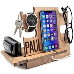 Wood Phone Docking Station Personalized Gifts for Men Phone Holder Wallet and Key Organizer Nightstand Charger Station Key Stand Presents for Dad Christmas